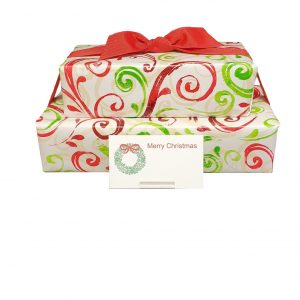 The Holiday Gift Tier features two stacked boxes with red and green swirl wrapping, a red bow on top, and a "Merry Christmas" card adorned with a small wreath.
