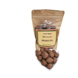 A bag labeled "Double Dipped Milk Chocolate Peanuts" with chocolate-covered peanuts displayed in a white bowl in front of the bag.