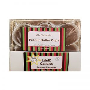 Box of Peanut Butter Cups, 7 oz with 12 pieces, featuring "Shop Local" and "Gourmet Chocolates" on the packaging.