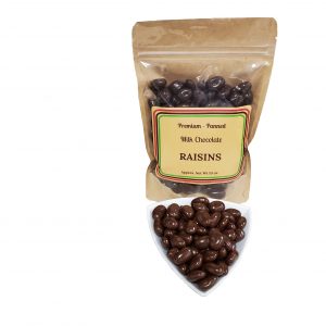 A bag labeled "Milk Chocolate Raisins" with chocolate-covered raisins inside, next to a small bowl filled with the same chocolate-covered raisins.