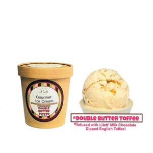 A pint of Double Butter Toffee ice cream in a brown container sits beside a scoop in a small white bowl. The text highlights the "Double Butter Toffee" flavor.