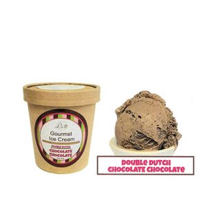 A tub of Double Dutch Chocolate Chocolate ice cream and a scoop labeled "Double Dutch Chocolate Chocolate.
