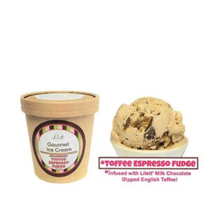 A pint of Toffee Espresso Fudge ice cream and a bowl with a scoop, described as Lillet milk chocolate-dipped English toffee-infused.