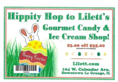 Flyer for Lilett's Gourmet Candy & Ice Cream Shop advertising a $3 discount on $35 purchases, with Easter-themed graphics and store information in La Grange, IL.